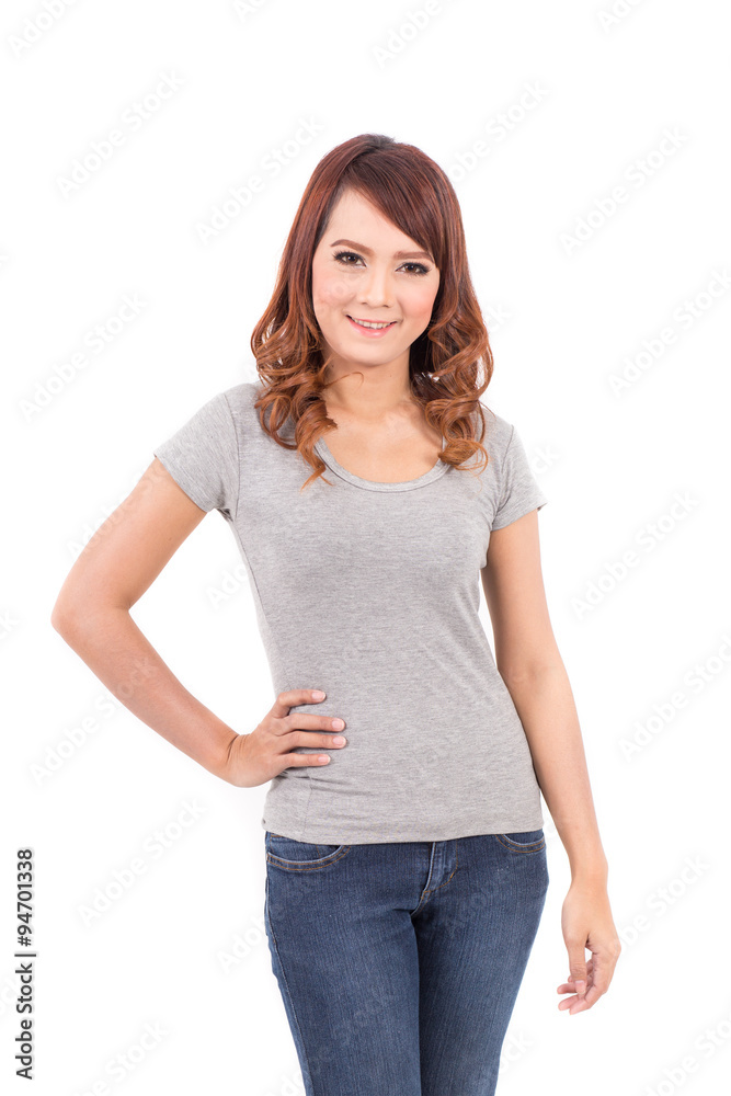 Obraz premium happy teenage girl in blank gray t-shirt on white background