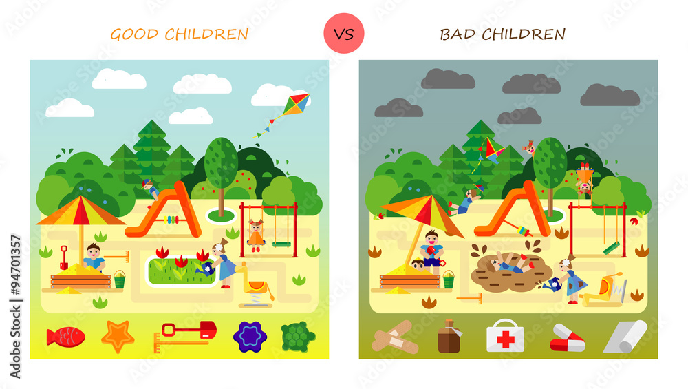 Set. Kids playing on playground. Swinging and sliding children. Flat style vector cartoon illustration.