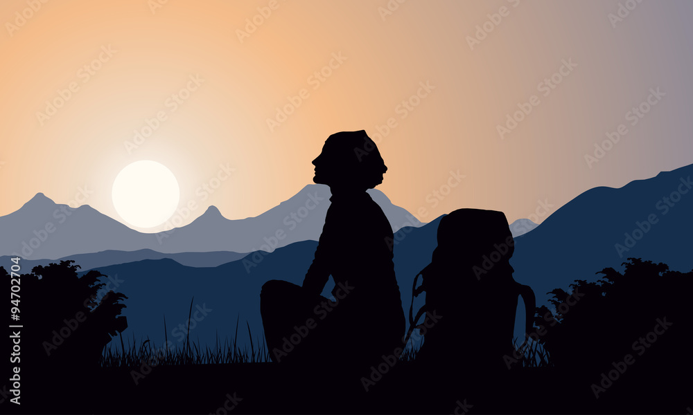 Vector mountains landscape with girl and backpack.