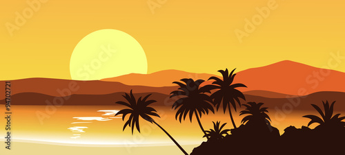 Fototapeta Naklejka Na Ścianę i Meble -  Sunset in the tropical hills with silhouettes of palm trees. Vector illustration.