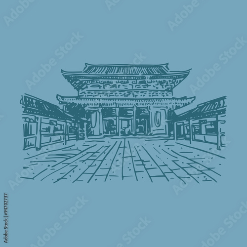 Buddhist temple Senso-ji (Tokyo, Japan). Vector quick sketch.