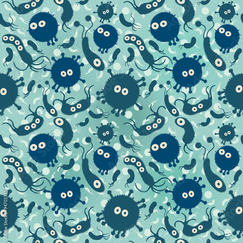 Microorganisms. Seamless vector pattern with the viruses, bacterias, microbes.