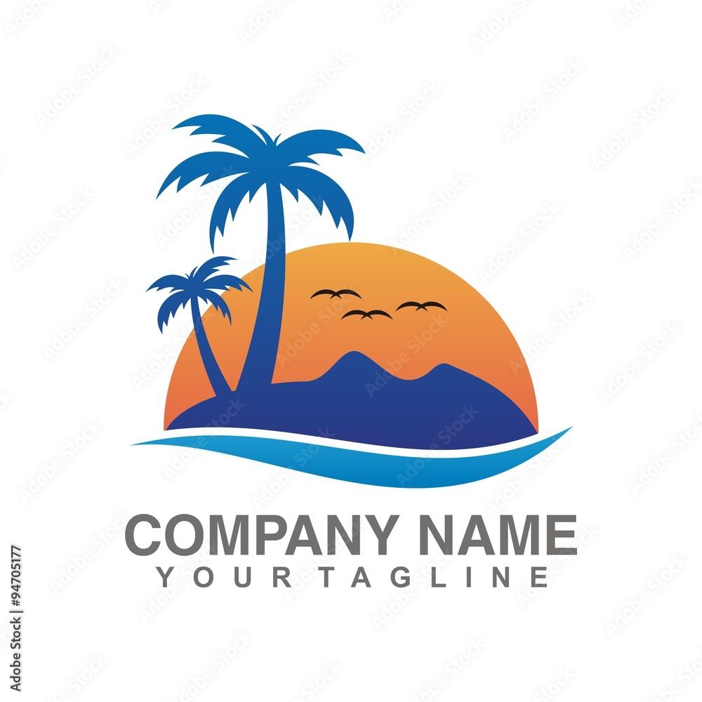 Beach Sunset Tree Logo Design. Summer icons on holiday, summer, beach and sea, vector graphic art shape, retro vintage design logo, illustration isolated on white background.