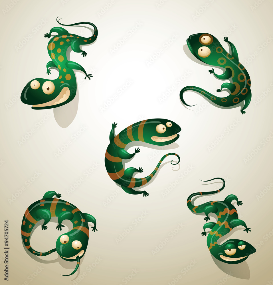 Fototapeta premium Vector Set of funny green lizards. Cartoon image of five funny green lizard on a light background.
