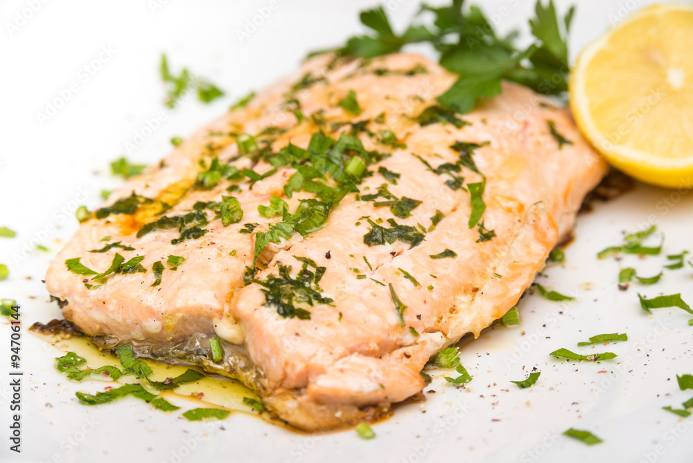 Poached salmon with extra virgin olive oil and parsley Poached salmon with extra virgin olive oil and parsley