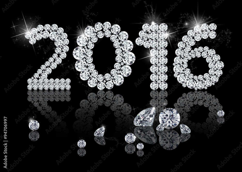 Brilliant New Year 2016 is a diamond jewelry illustration on a black background.