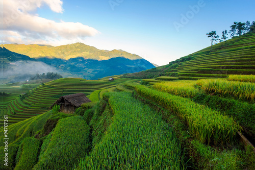 Terraced rice fields of ethnic people in Mu Cang Chai district of Lao Cai province, Vietnam. It is world cultural heritage in Vietnam.