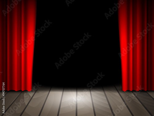 Theater stage with wooden floor and red curtains. 
