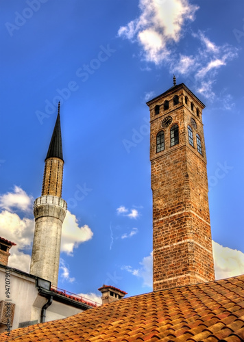 Clock tower and Gazi Husrev-beg Mosque in Sarajevo