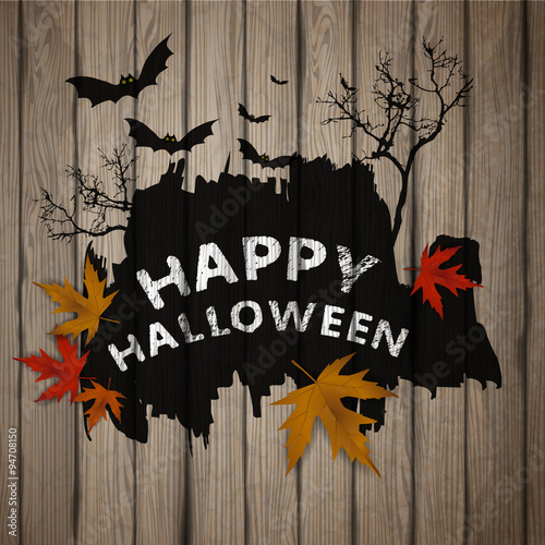 Happy Halloween painted on wooden board, realistic vector illustration. © Droidworker