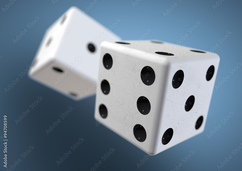 Two die (dice) captured rolling in mid air. Throwing dice in cas Two die (dice) captured rolling in mid air. Throwing dice in cas