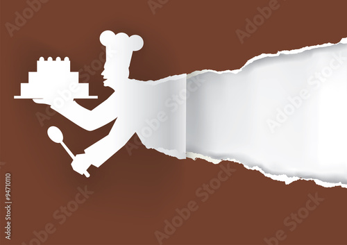Paper chef confectioner.
Paper cook  confectioner ripped paper with bottom layer for your image or text.Vector  available.
