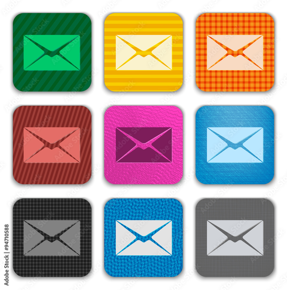 Envelope sign on colorful textured app icons Envelope sign on colorful textured app icons