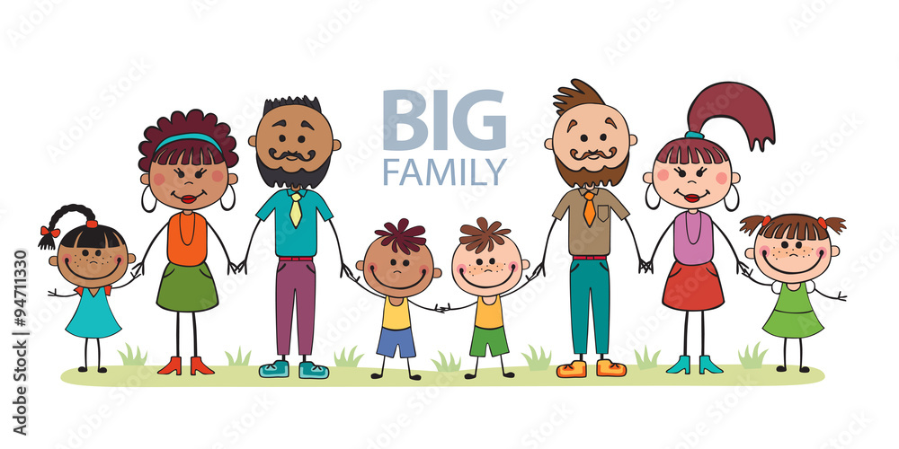 Vector illustration, cartoon, family, mom and dad, children, hol Vector illustration, cartoon, family, mom and dad, children, hol