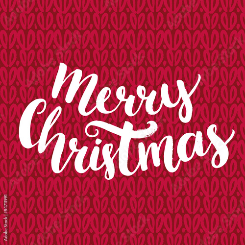 Merry christmas lettering at red knitted background. Typography for cards and banners. Vector brush calligraphy