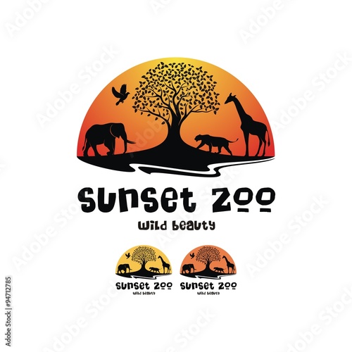 Sunset Zoo Logo Design. Visual drawing silhouette of animal in safari with wild and sunset background for vector illustration,travel concept