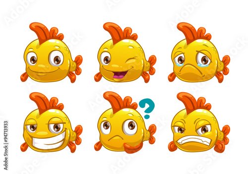 Funny cartoon yellow fish with different emotions