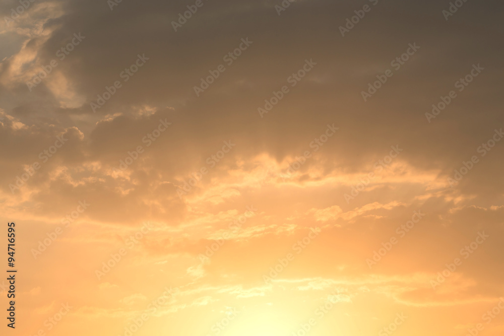 sunset sky background, light rays of sunbeam in evening
