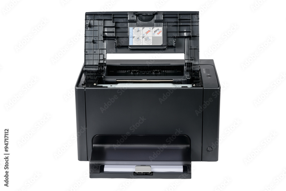 laser printer with opened front cover laser printer with opened front cover