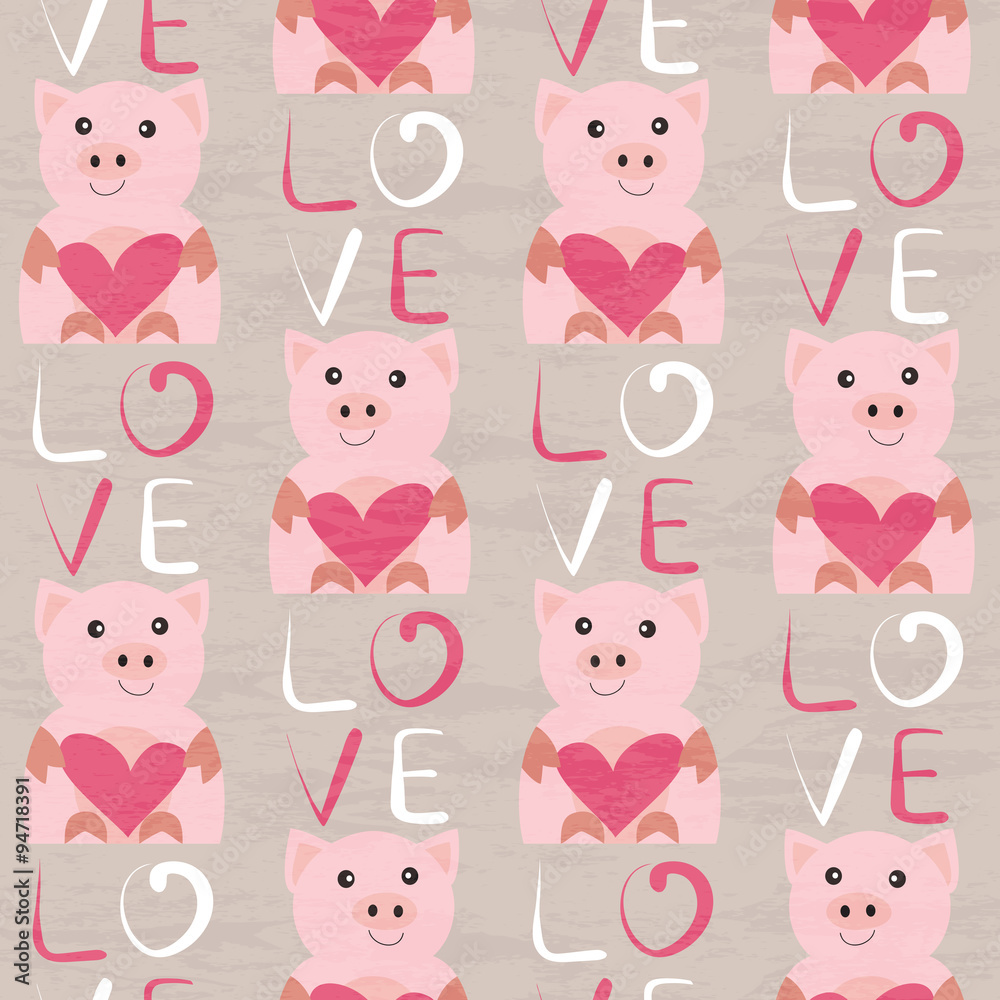 Pig with heart seamless pattern