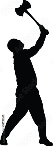 Silhouette illustration of a man swinging a large axe.