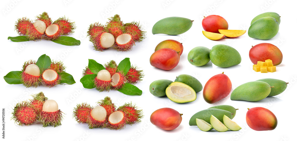 mango and rambutan on white background