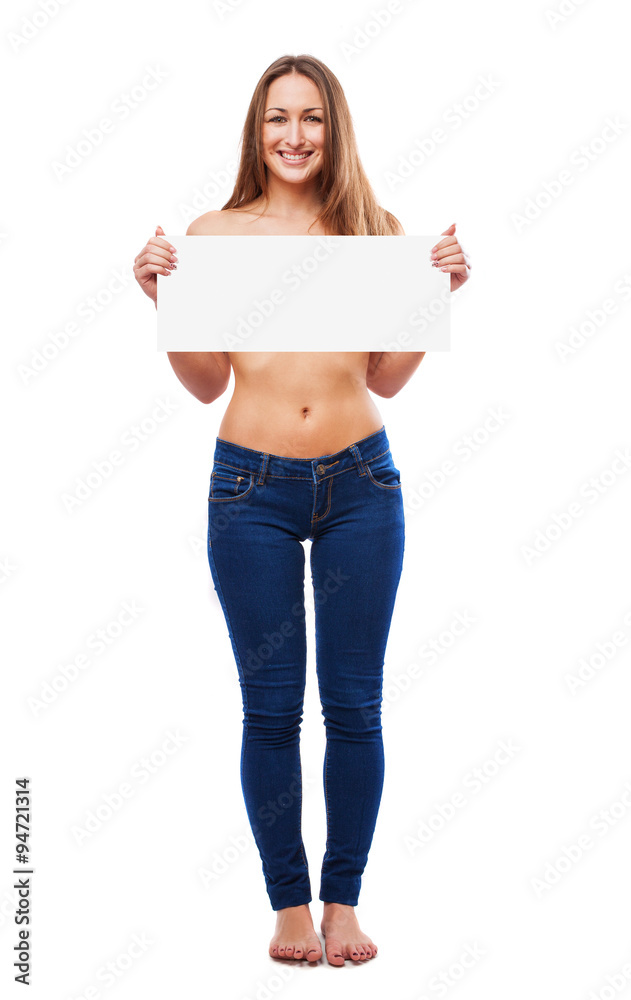 portrait  of a naked pretty girl holding a banner