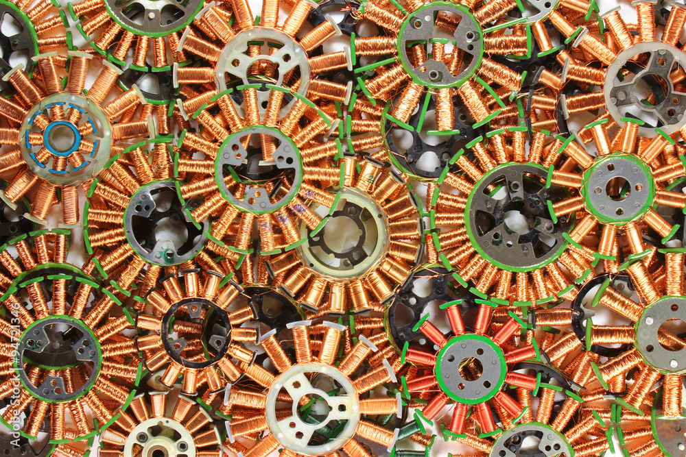 Colorful background of disassembled brushless dc electric motors