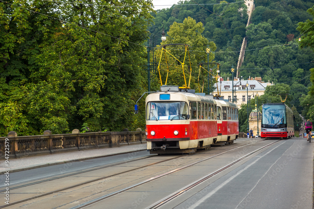 Obraz premium Prague red Tram detail, Czech Republic