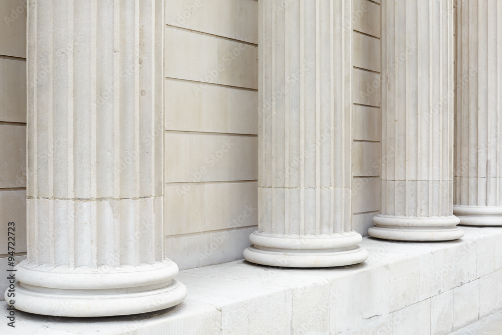 White classical columns and wall background, perspective view White classical columns and wall background, perspective view