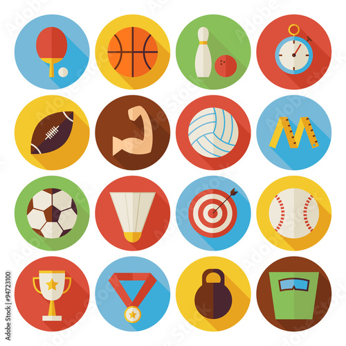Flat Sport Recreation and Competition Circle Icons Set with long