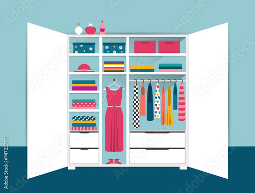 Open wardrobe. White closet with tidy clothes, shirts, sweaters, boxes and shoes. Home interior. Flat design vector illustration.