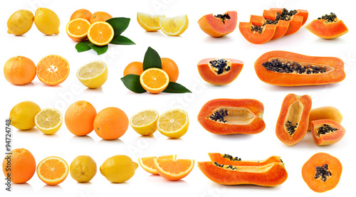 Fresh lemon Orange fruit and papaya on white background