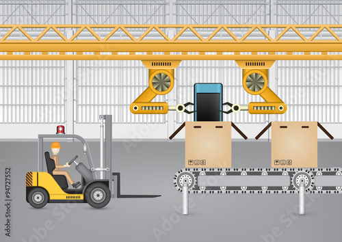 Manufacturing production of mobile phone or industrial process with box and machine i.e. conveyor belt, production line, robot inside factory plant. Include operator, forklift. Vector illustration.