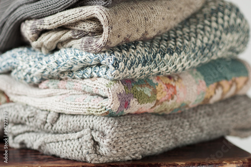 closeup of knitted clothes stacked