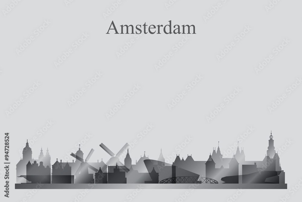 Fototapeta premium Amsterdam city skyline silhouette in grayscale