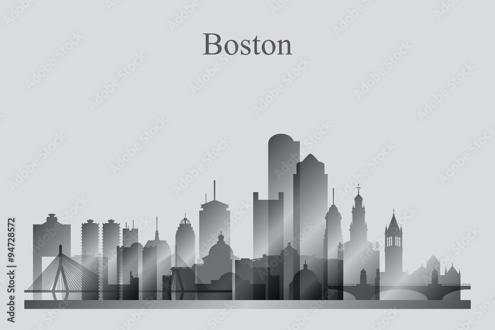 Boston city skyline silhouette in grayscale