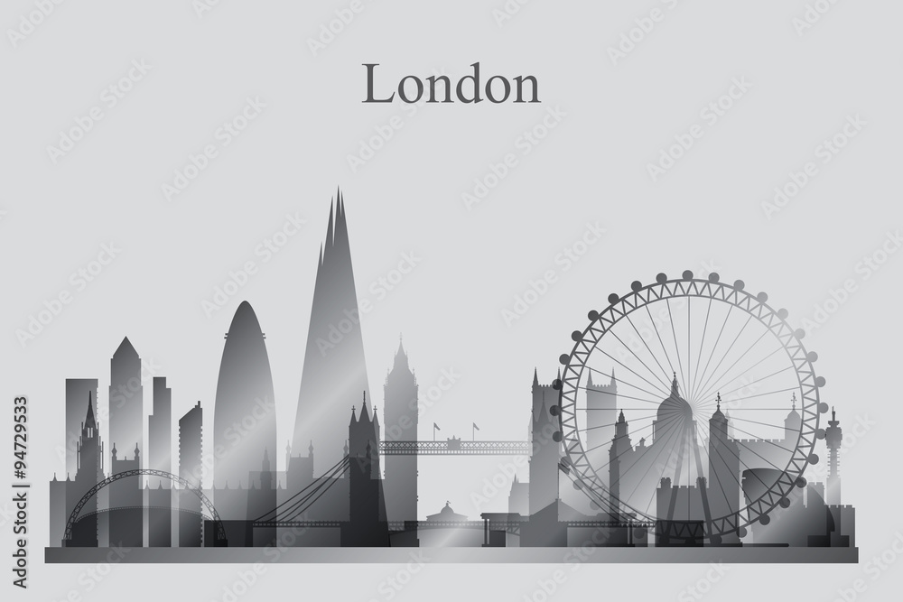 London city skyline silhouette in grayscale