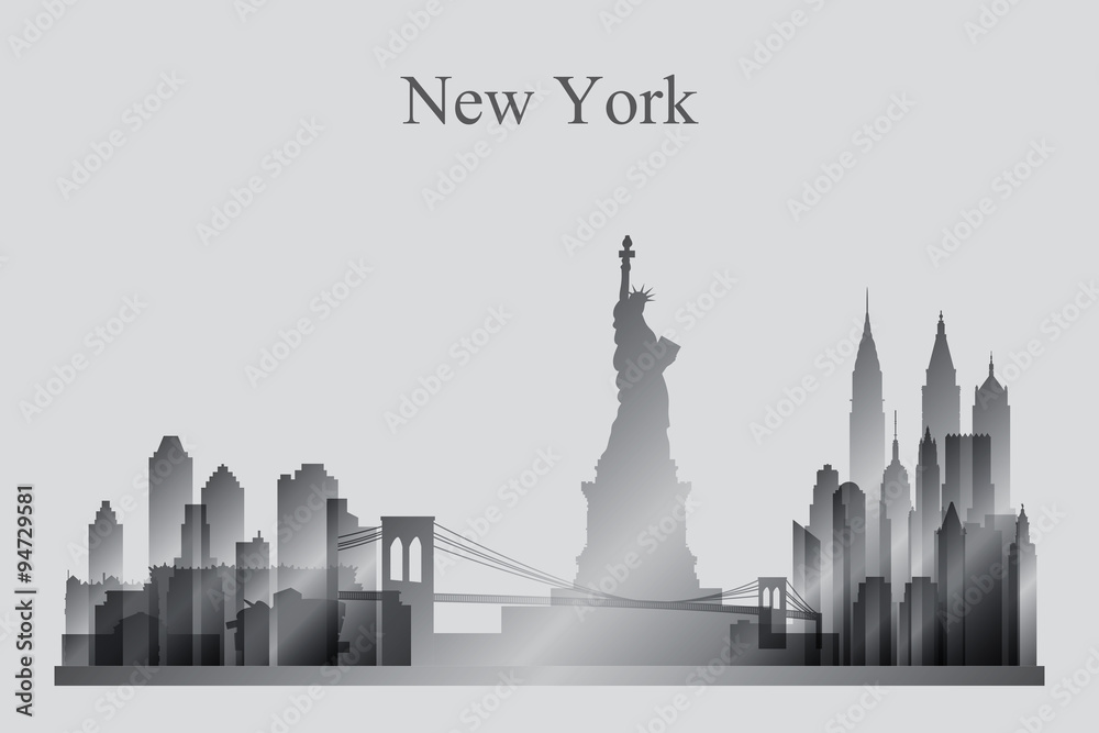 New York city skyline silhouette in grayscale