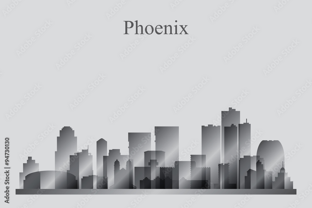 Phoenix city skyline silhouette in grayscale