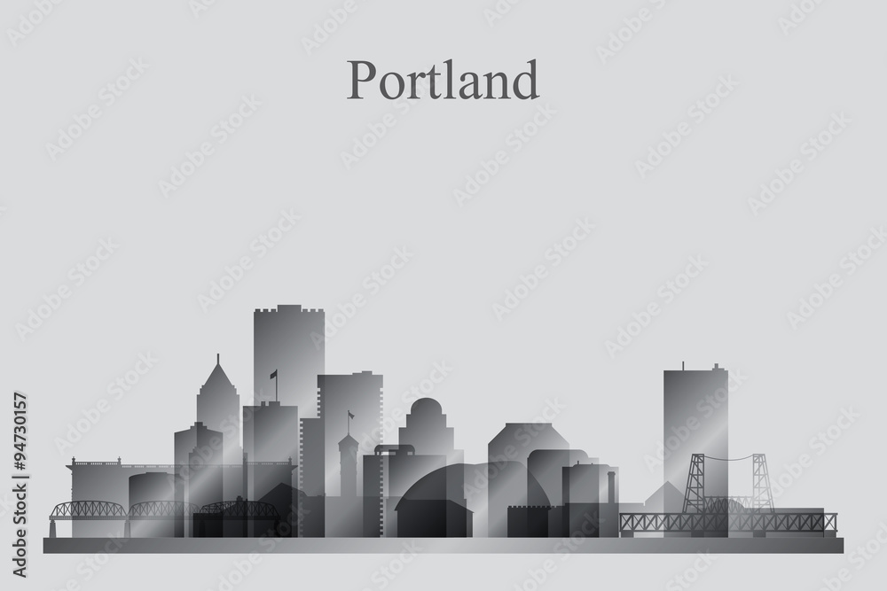 Portland city skyline silhouette in grayscale