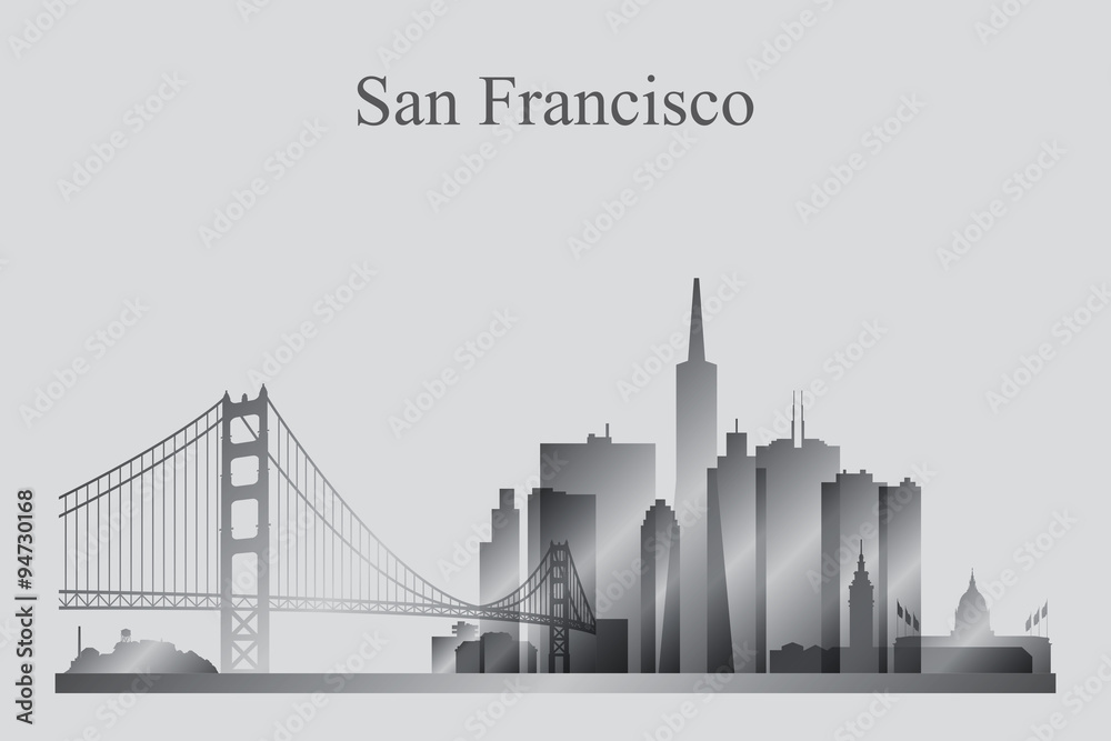 San Francisco city skyline silhouette in grayscale