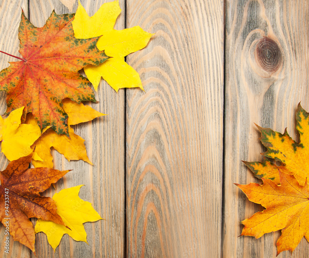 autumn wooden background with colorful maple leaves autumn wooden background with colorful maple leaves