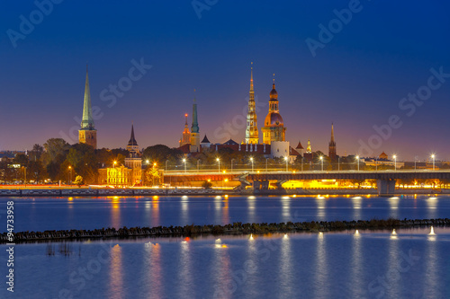 Old Town and River Daugava at night  Riga  Latvia
