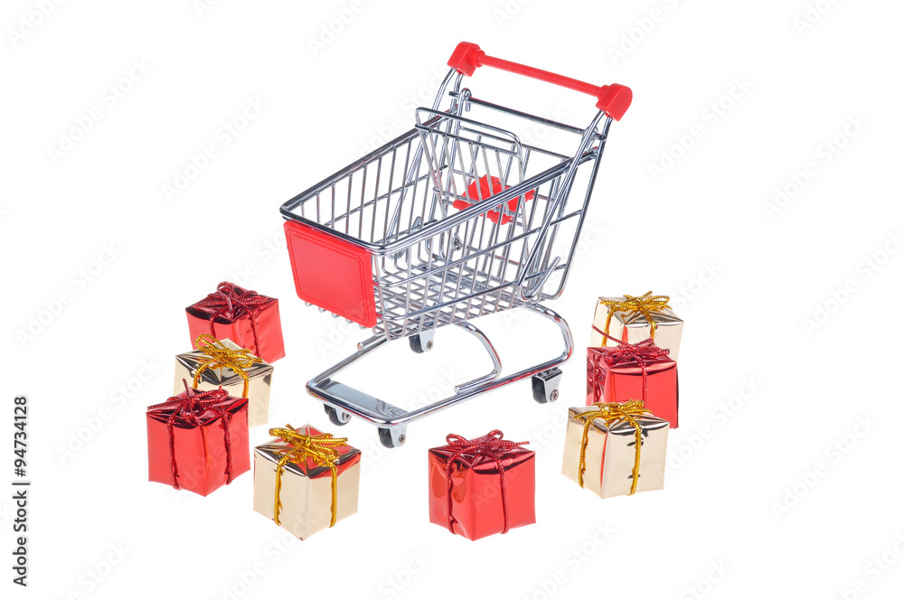 shopping cart with christmas gifts isolated on white background