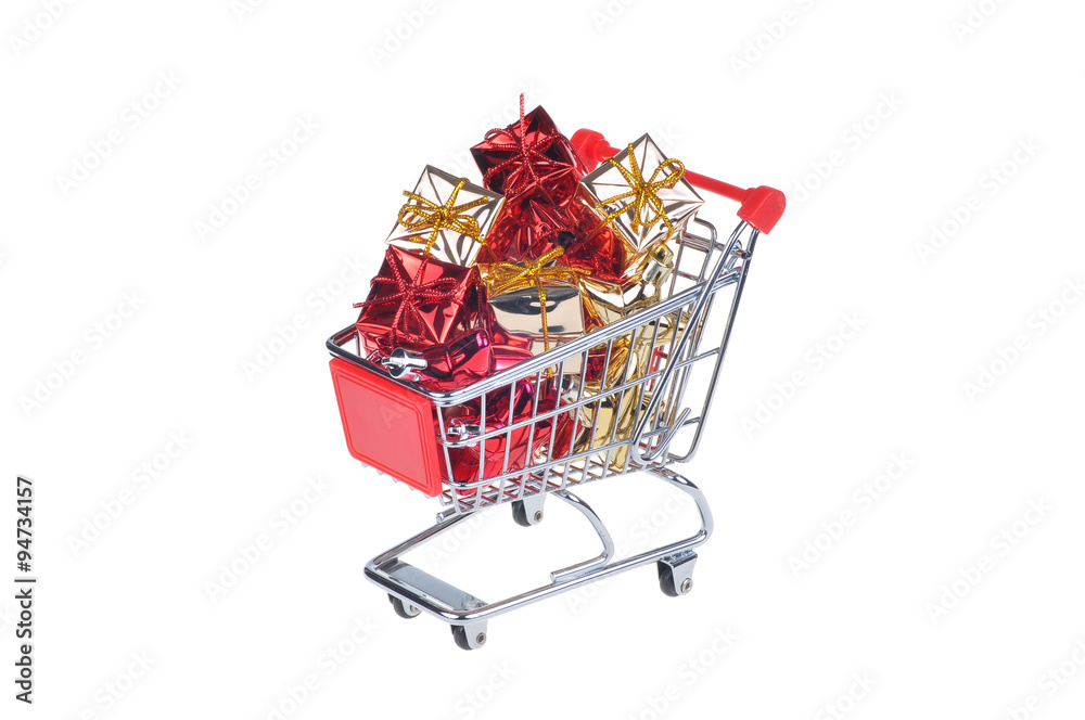 shopping cart with christmas gifts isolated on white background shopping cart with christmas gifts isolated on white background
