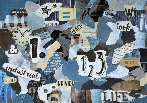 petrol blue, grey, black and white creative mood board sheet of teared pieces of magazines