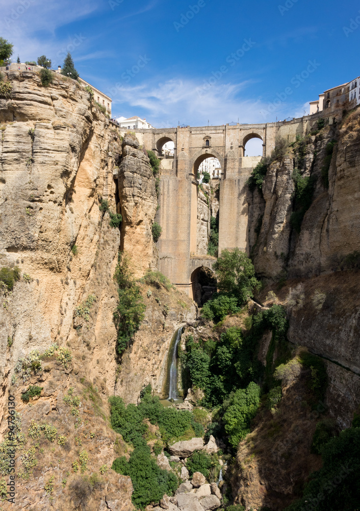 View down the steep rockface to valley in Ronda