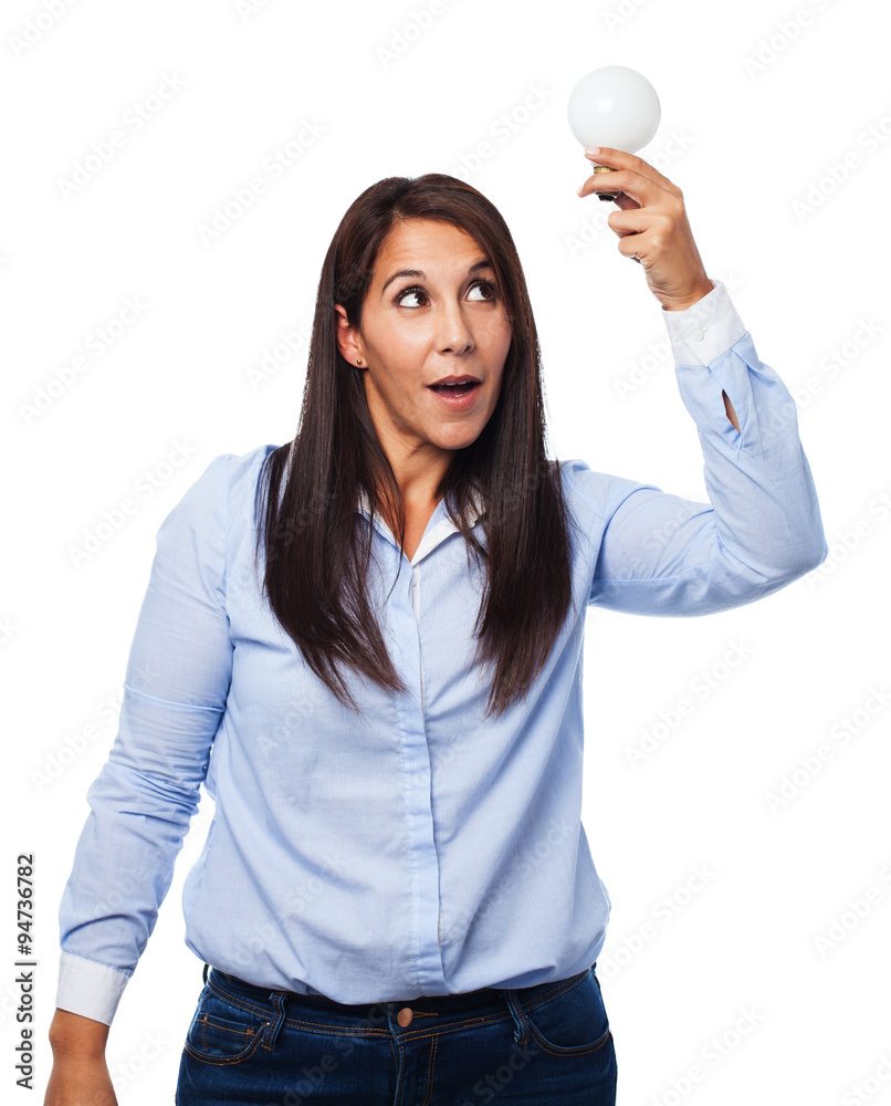 happy young-woman with light-bulb happy young-woman with light-bulb