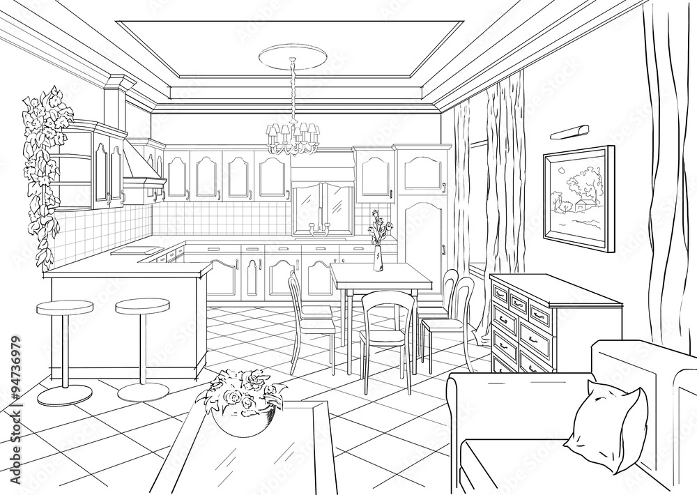 Sketch of kitchen interior in classic style.